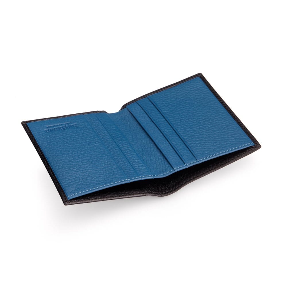 RFID leather wallet with 4 CC, black with cobalt, inside