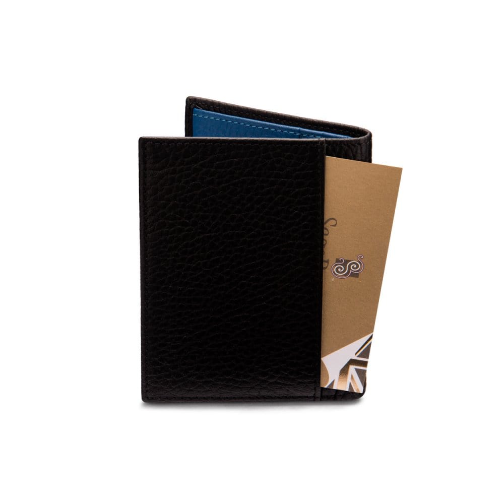 RFID leather wallet with 4 CC, black with cobalt, back