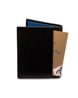 RFID leather wallet with 4 CC, black with cobalt, back