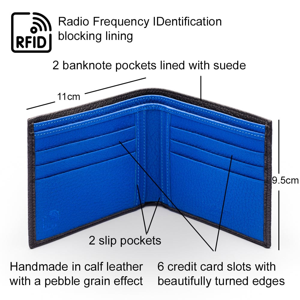 RFID wallet, black with cobalt, features