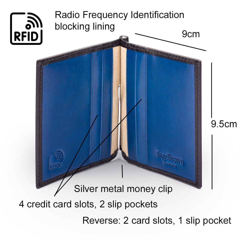 Clip wallet for men, black with cobalt, features