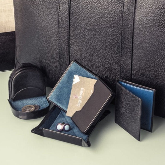 Small leather valet tray, black with cobalt, lifestyle