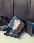 Small leather valet tray, black with cobalt, lifestyle