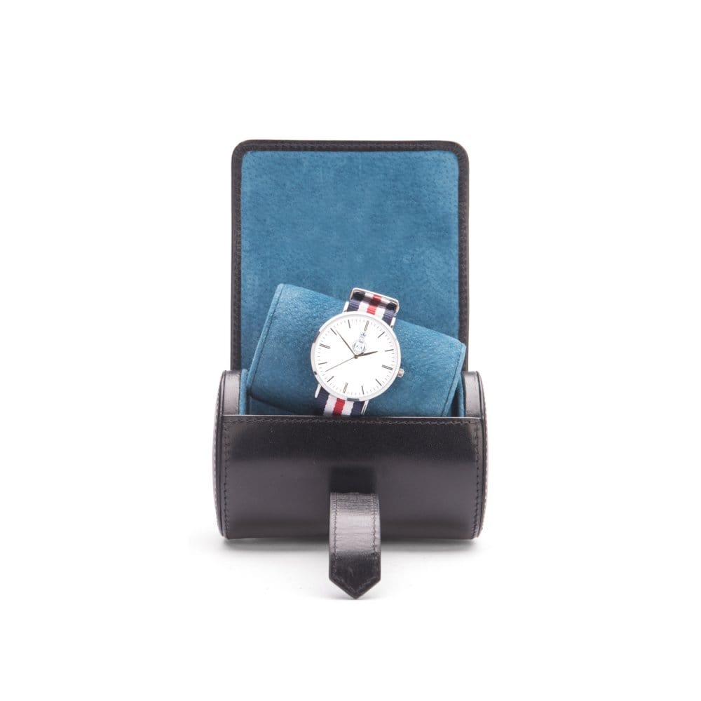 Small leather watch roll, black with cobalt, inside