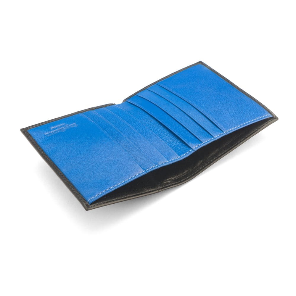 Small leather wallet with 6 CC, black with cobalt, inside