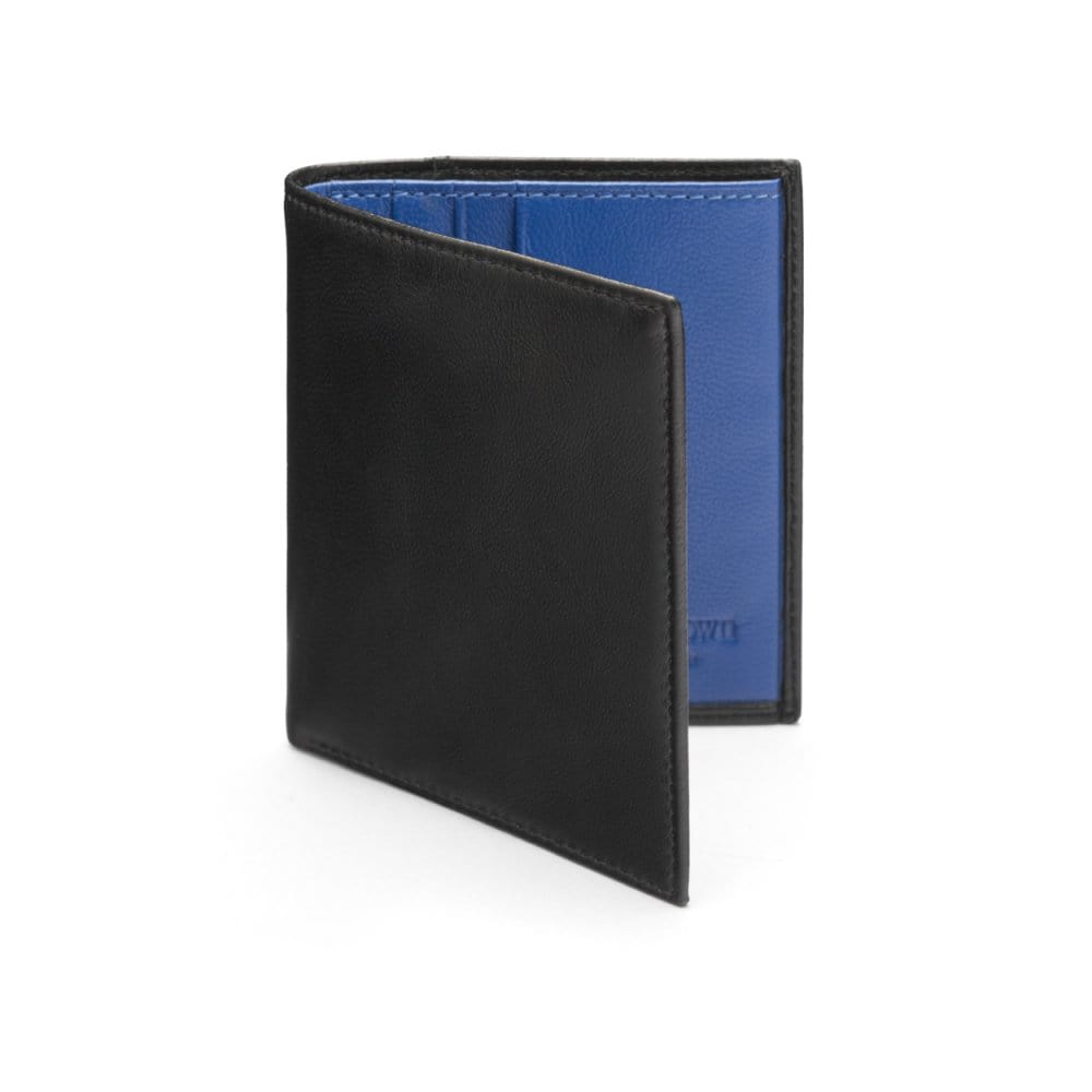 Leather compact billfold wallet 6CC, black with cobalt, front