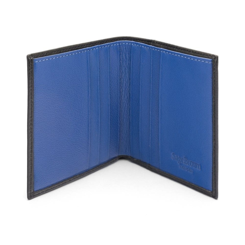 Leather compact billfold wallet 6CC, black with cobalt, open
