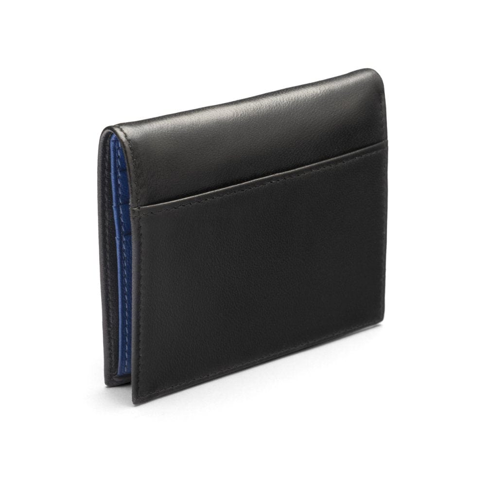 Leather compact billfold wallet 6CC, black with cobalt, back