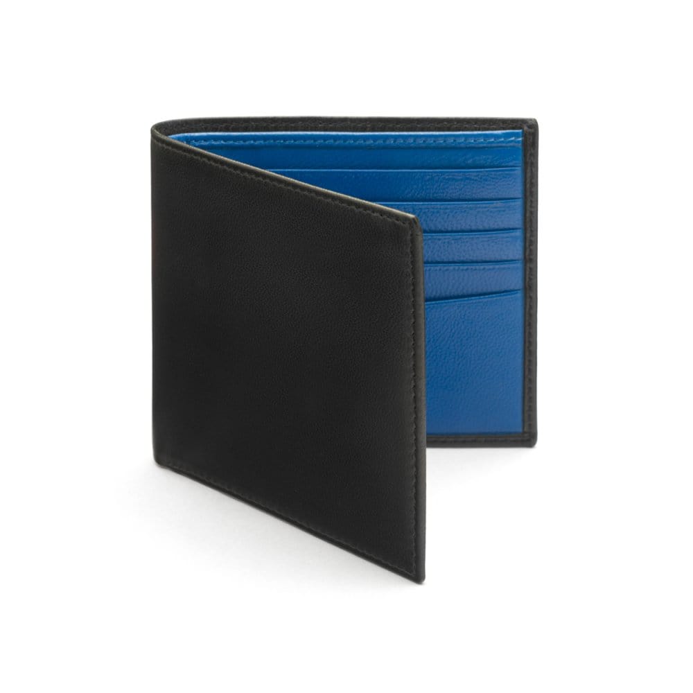 Soft leather wallet with RFID blocking, black with cobalt, front