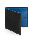 Soft leather wallet with RFID blocking, black with cobalt, front