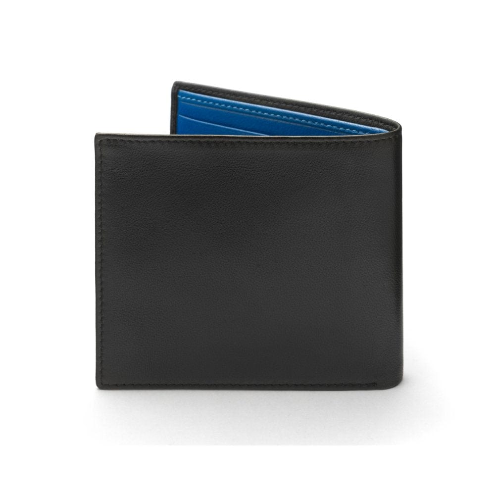 Soft leather wallet with RFID blocking, black with cobalt, back