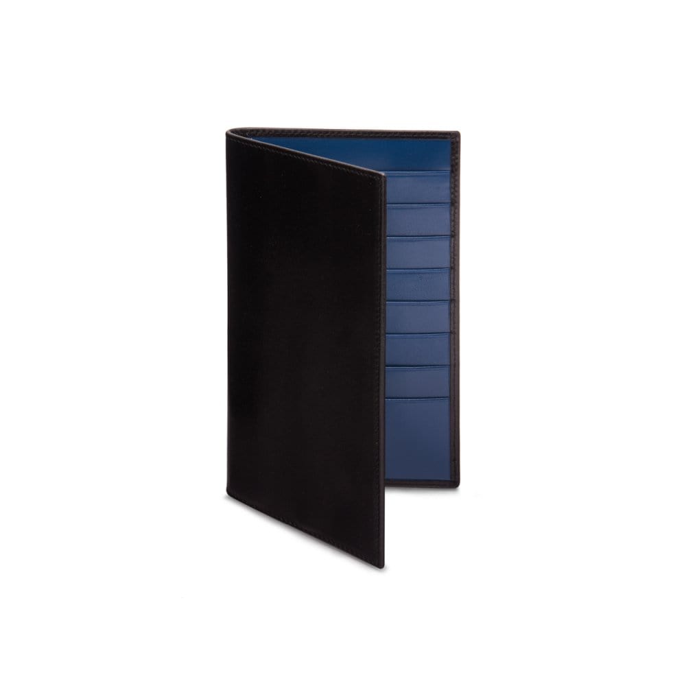 Slim tall leather suit wallet, black croc with cobalt, front
