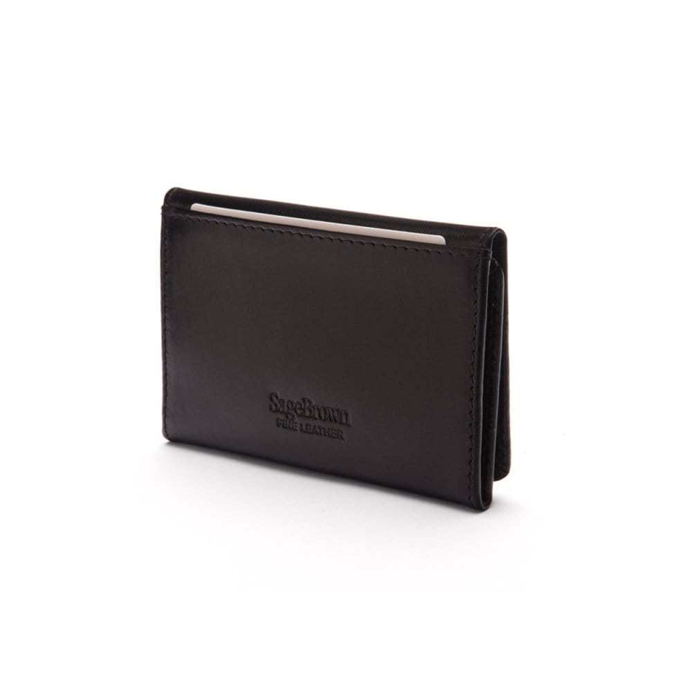 Leather tri-fold travel card holder, black with cream, back