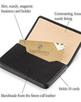 Leather business card holder with magnetic closure, black with cobalt, features