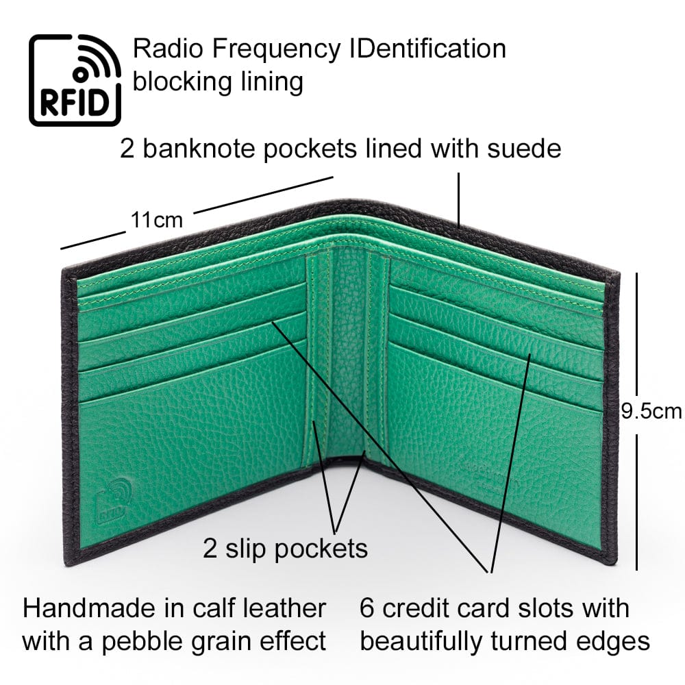 RFID wallet, black with emerald, features