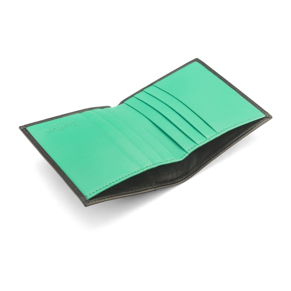 Leather compact billfold wallet 6CC, black with emerald, inside