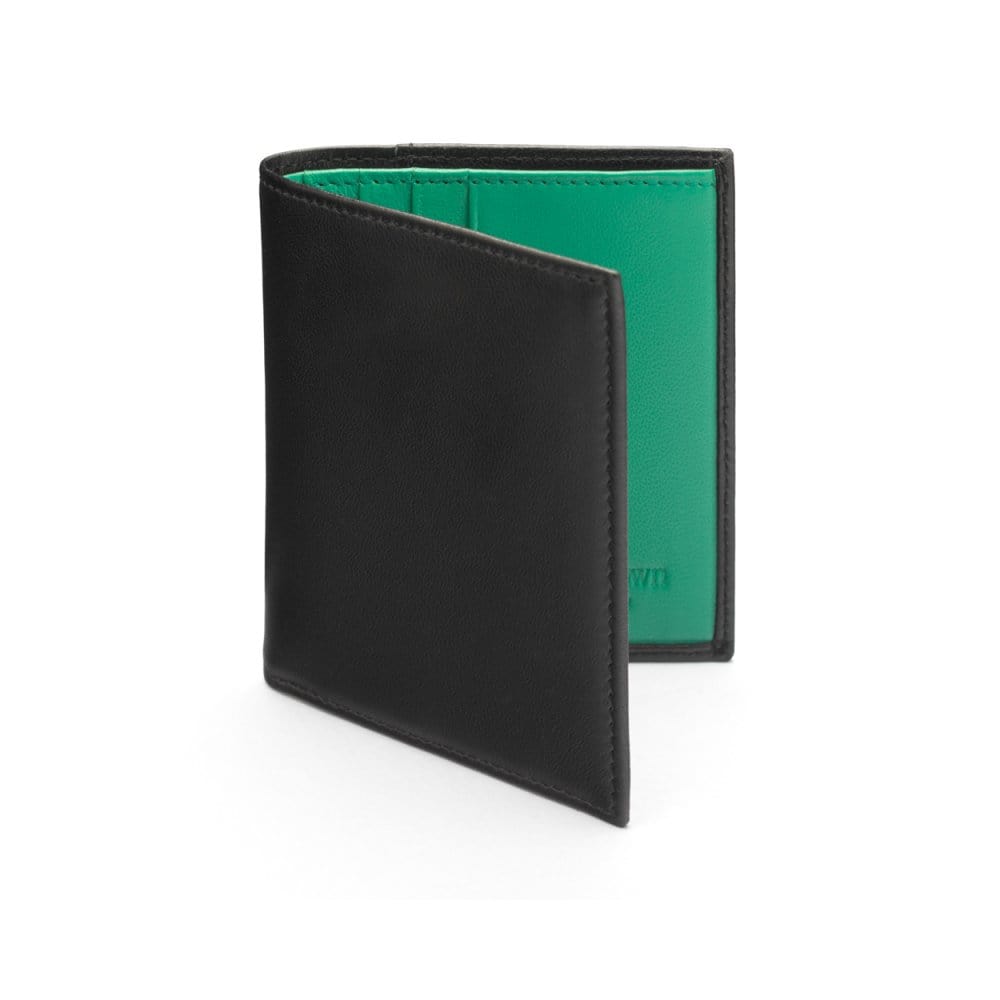 Leather compact billfold wallet 6CC, black with emerald, front
