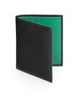 Leather compact billfold wallet 6CC, black with emerald, front