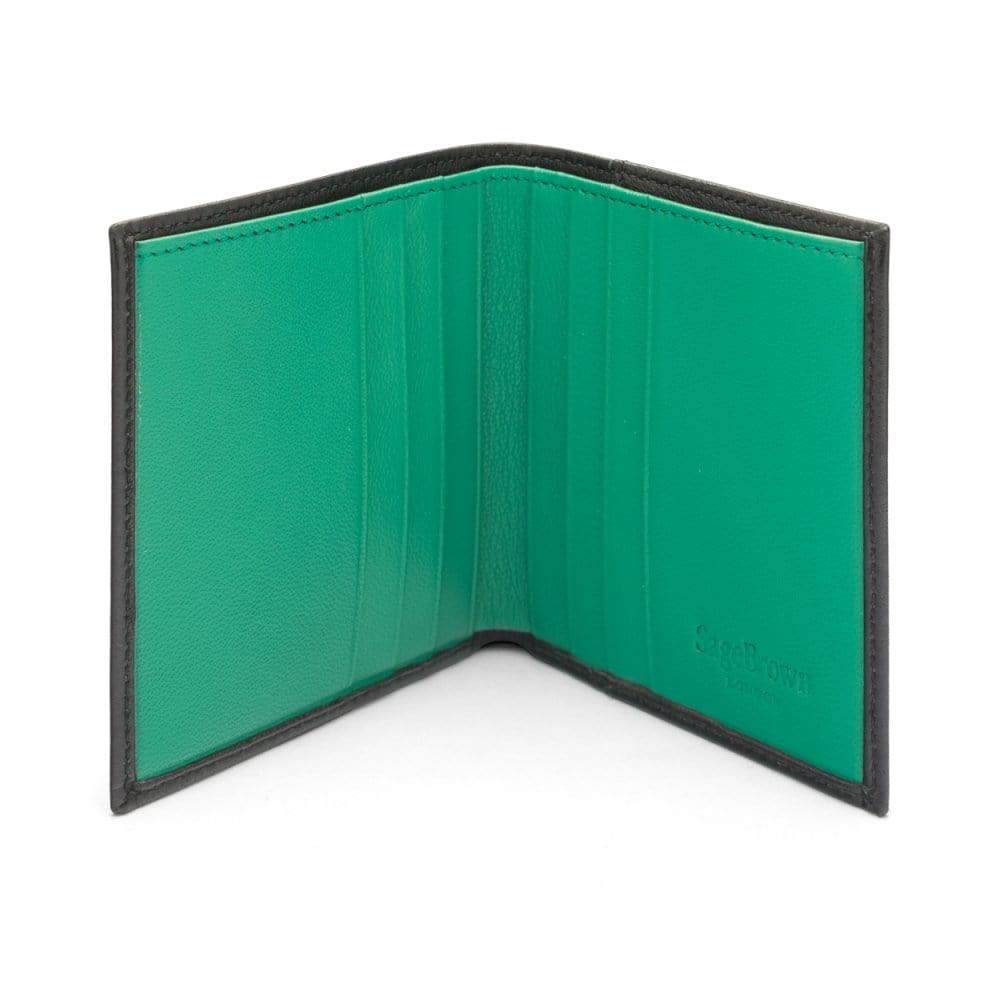 Leather compact billfold wallet 6CC, black with emerald, open