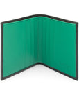 Leather compact billfold wallet 6CC, black with emerald, open
