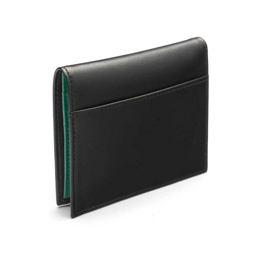 Leather compact billfold wallet 6CC, black with emerald, back