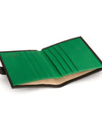 Compact leather billfold wallet with tab, black with green, open