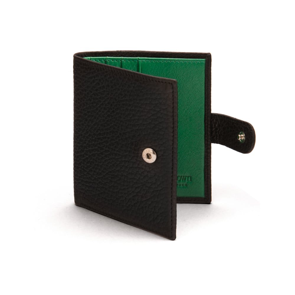 Compact leather billfold wallet with tab, black with green, front