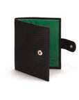 Compact leather billfold wallet with tab, black with green, front