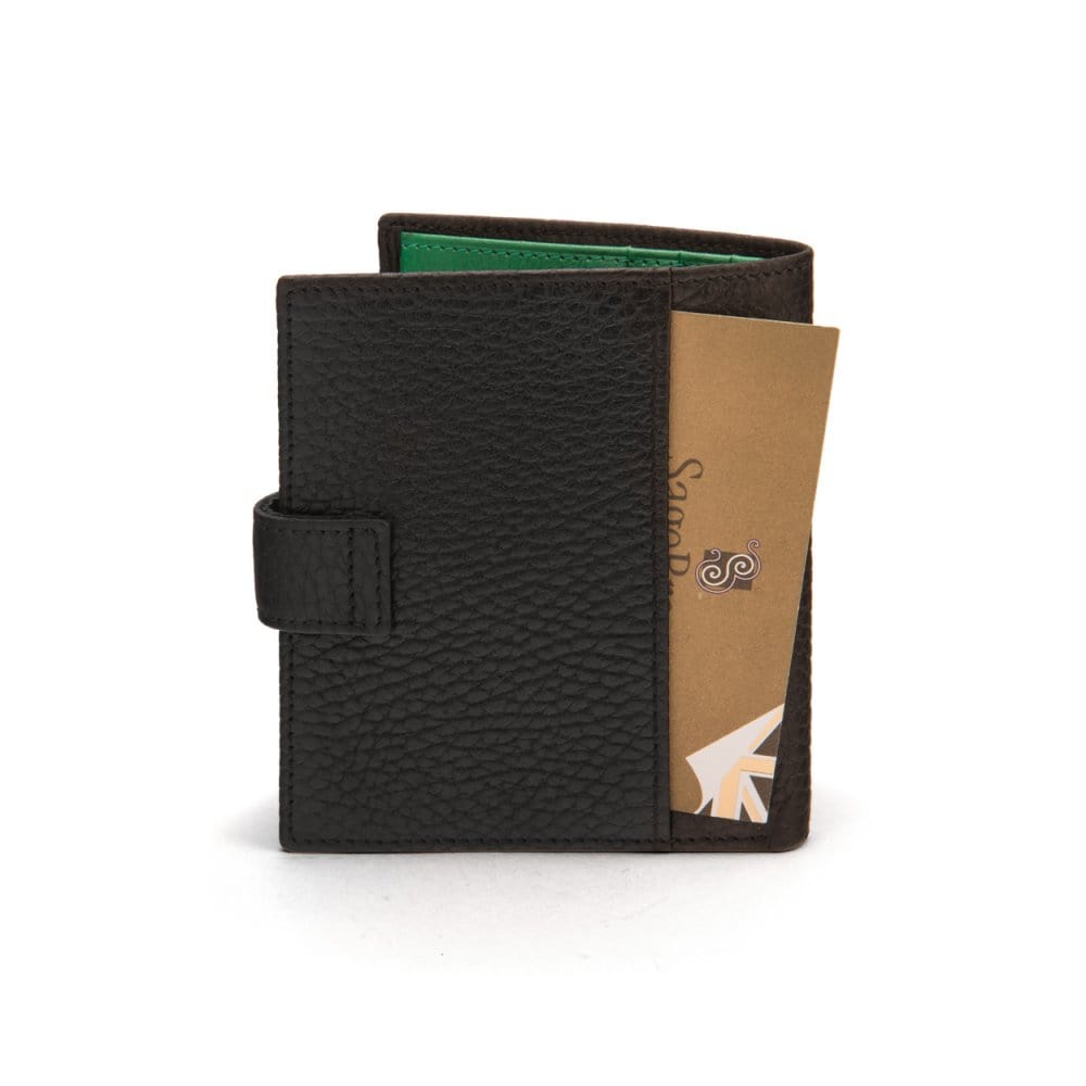 Compact leather billfold wallet with tab, black with green, back