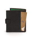 Compact leather billfold wallet with tab, black with green, back