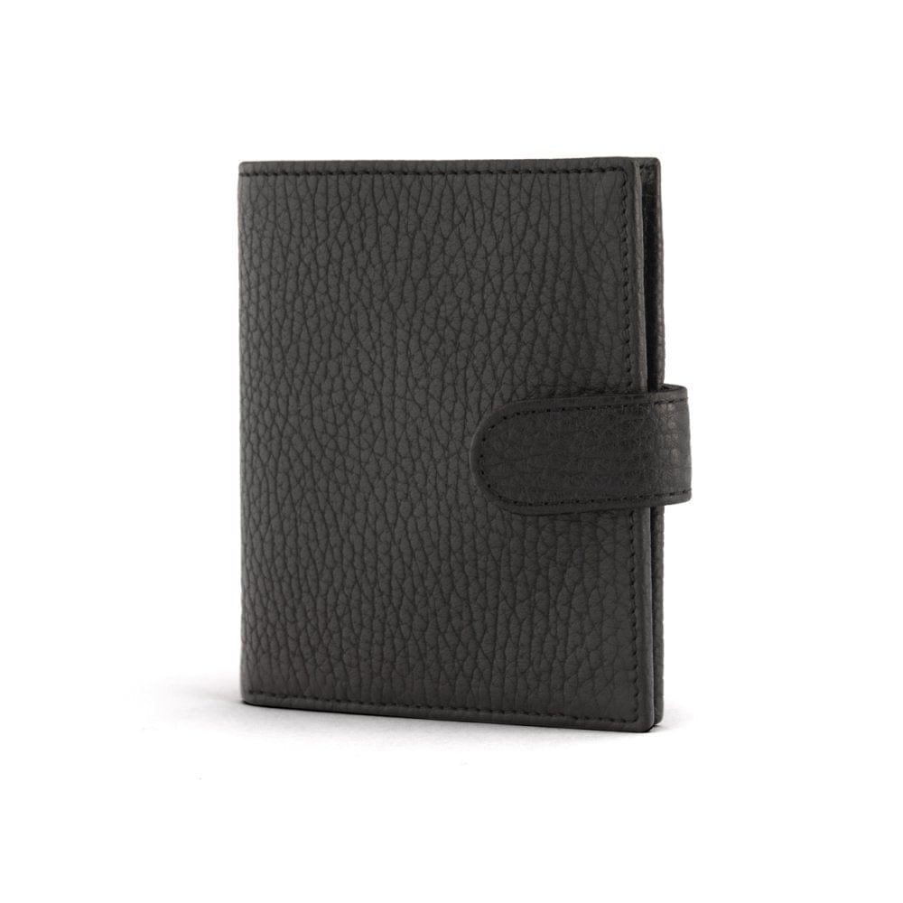 Compact leather billfold wallet with tab, black with green, front view