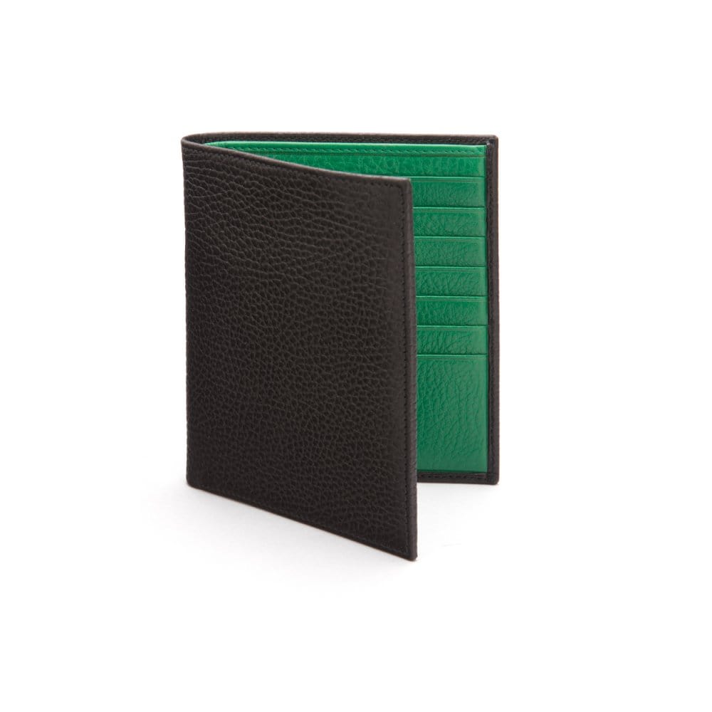 3/4 height leather wallet 14 CC, black with green, front