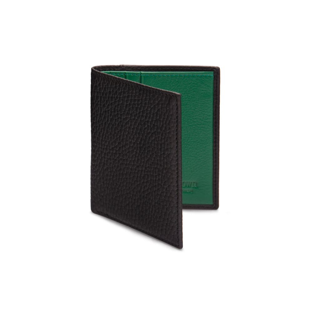 RFID leather wallet with 4 CC, black with green, front