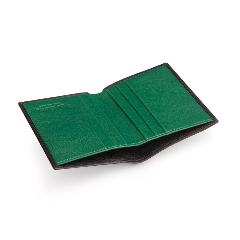 RFID leather wallet with 4 CC, black with green, inside