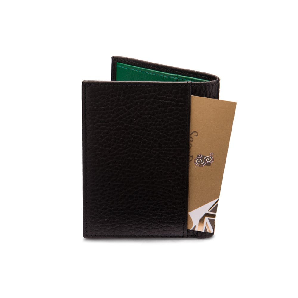 RFID leather wallet with 4 CC, black with green, back