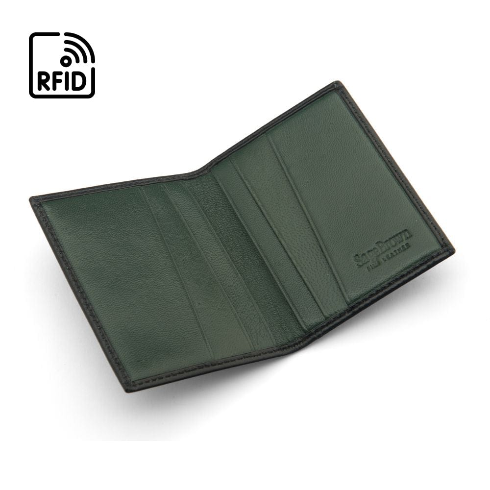 RFID leather credit card holder, soft green, open view