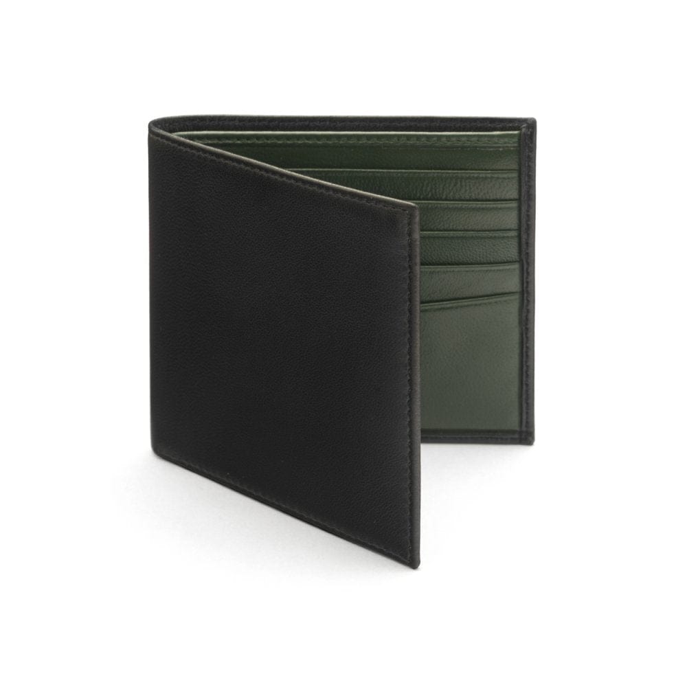 Soft leather wallet with RFID blocking, black with green, front 