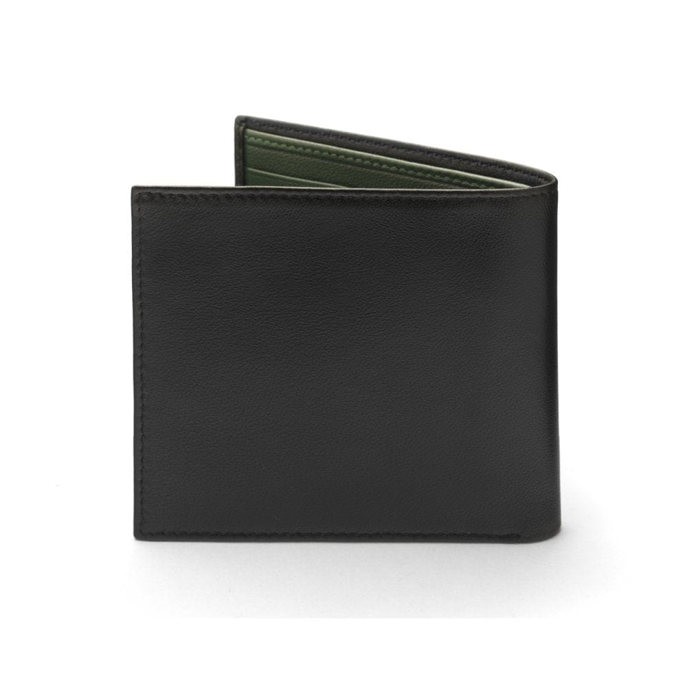 Soft leather wallet with RFID blocking, black with green, back 