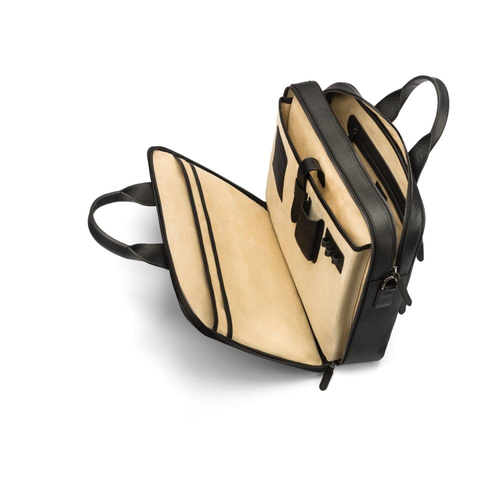 15" leather laptop briefcase, black, open