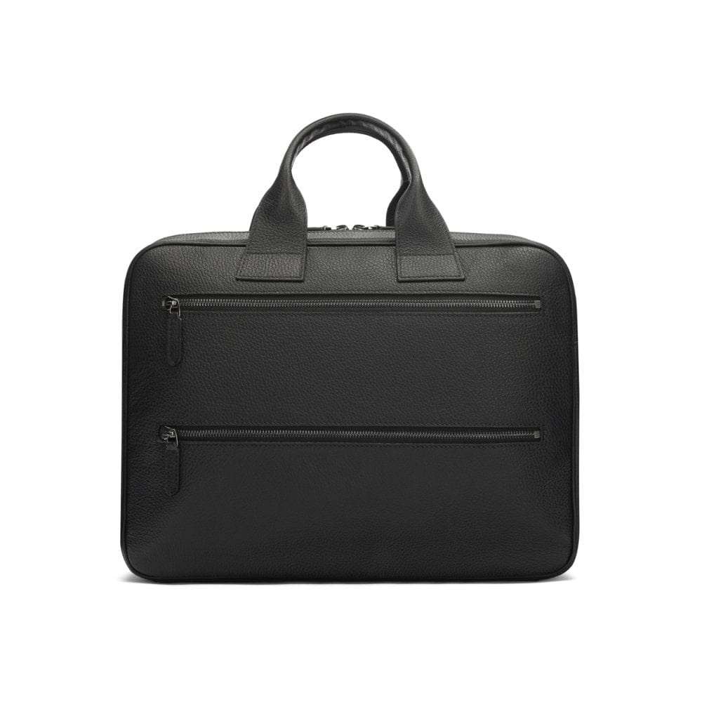 15" leather laptop briefcase, black, front, back view