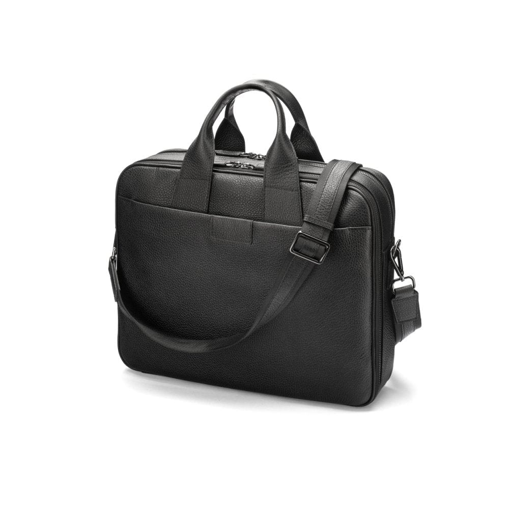 15" leather laptop briefcase, black, with shoulder strap