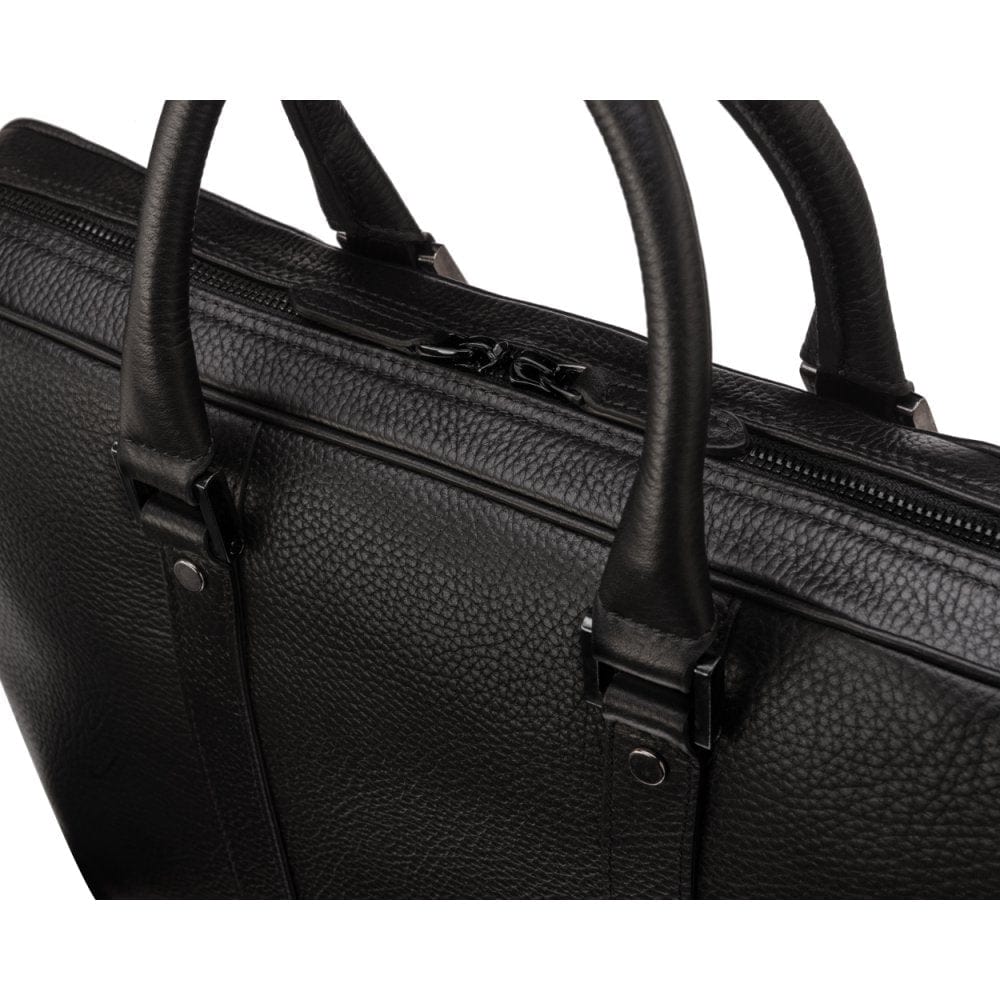 15" leather laptop bag, black, gunmetal zip closure