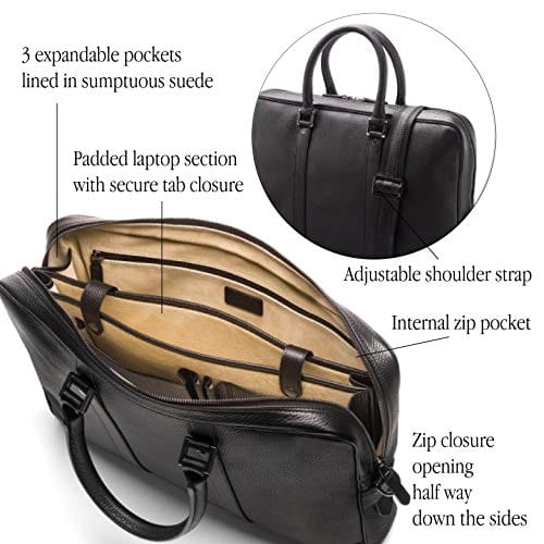 15" leather laptop bag, black, features