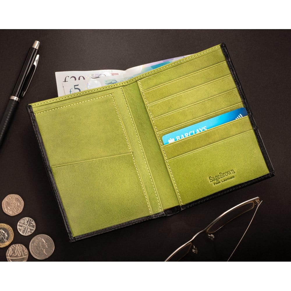 3/4 length tall bifold wallet with 6 CC, black with lime, lifestyle