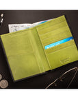 3/4 length tall bifold wallet with 6 CC, black with lime, lifestyle