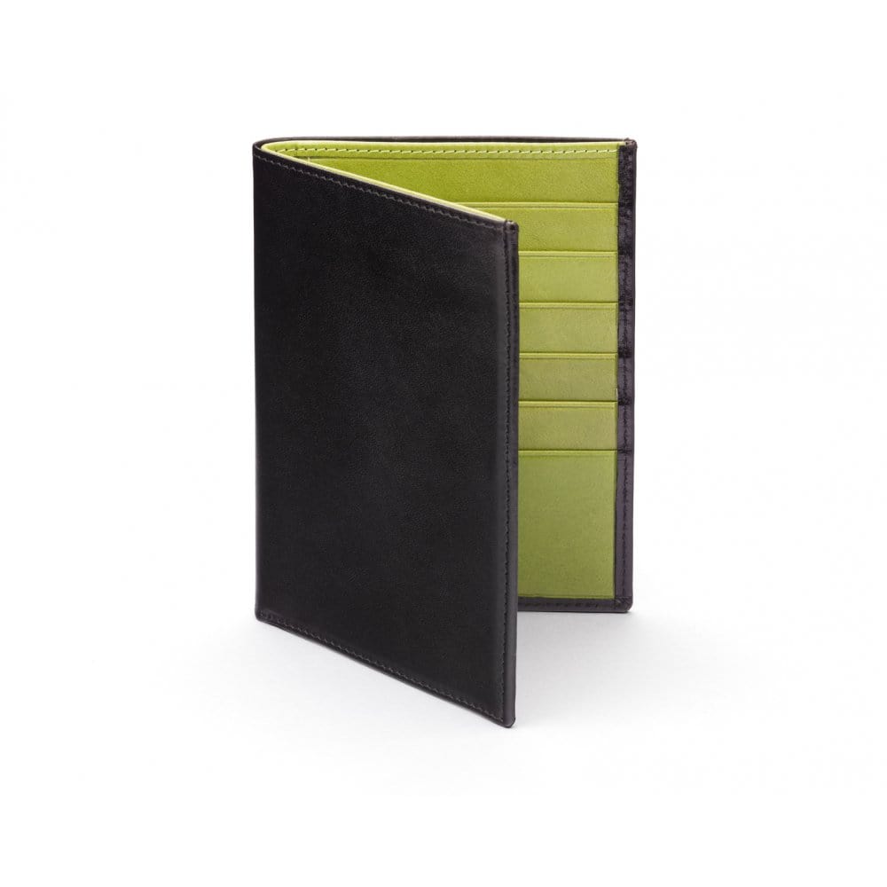 3/4 length tall bifold wallet with 6 CC, black with lime, front