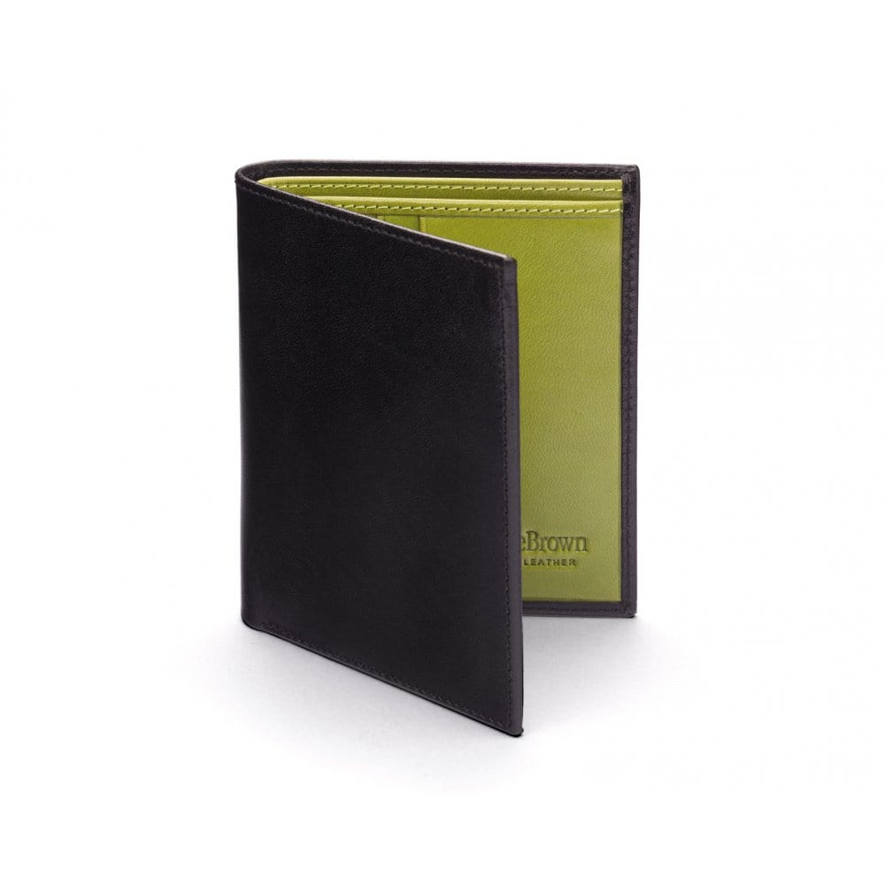 Bifold leather wallet with 6 credit cards, black with lime, front