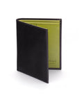 Bifold leather wallet with 6 credit cards, black with lime, front