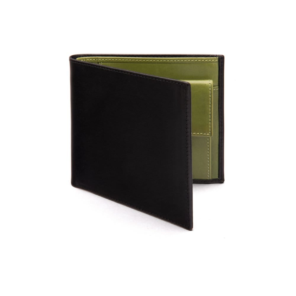 Leather wallet with coin purse, black with lime, front