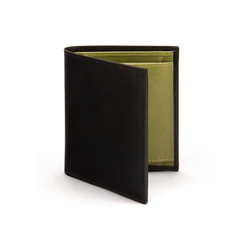Leather wallet with coin purse, black with lime, front